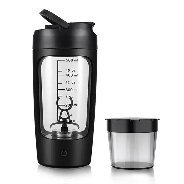 Black electric protein shaker with a cup